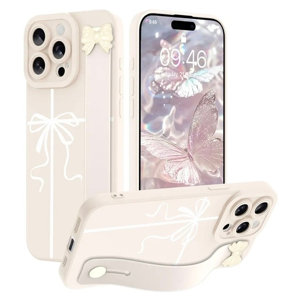SOKAD Ribbon Bow Phone Case iPhone 15 Pro Max Wrist Strap Kickstand S16 White